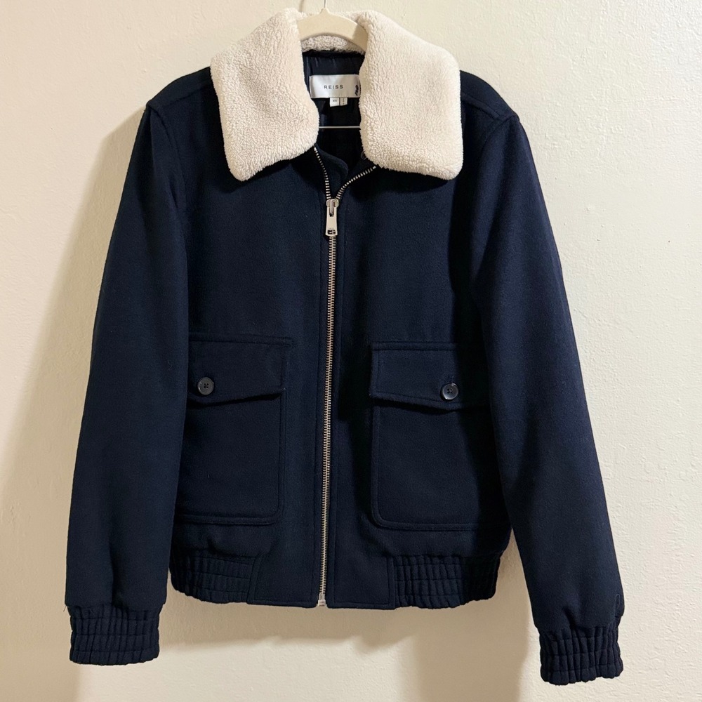 REISS Navy Wool Blend Bomber Aviator Jacket Coat Faux Shearling Collar XS luxury